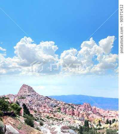 Carved houses in rock, Pigeon Valley, Uchisar, Cappadocia, Turkey 90971412