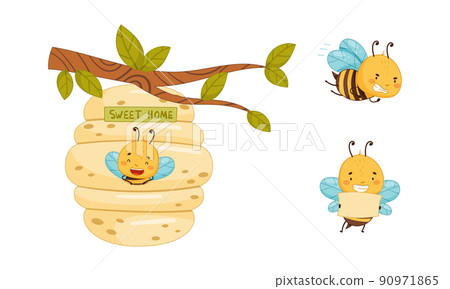Cute bees flying around beehive hanging on tree branch cartoon vector illustration Cute bees flying around beehive hanging on tree branch cartoon vector illustration 90971865