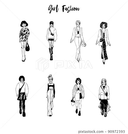 Collection of stylish young women dressed in trendy clothes. Vector fashion black and white illustration. 90972393
