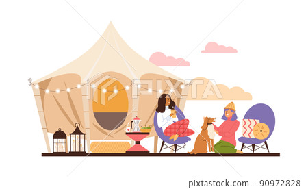 Friends with dog relaxing on the campside or glamping, flat vector illustration isolated on white background. Friends with dog relaxing on the campside or glamping, flat vector illustration isolated on white background. 90972828