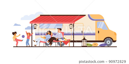 Family of campers resting in nature near trailer, vector illustration isolated. Family of campers resting in nature near trailer, vector illustration isolated. 90972829