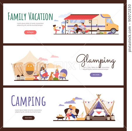 Family vacation at glamping or camping, web banners set - flat vector illustration. Family vacation at glamping or camping, web banners set - flat vector illustration. 90972830