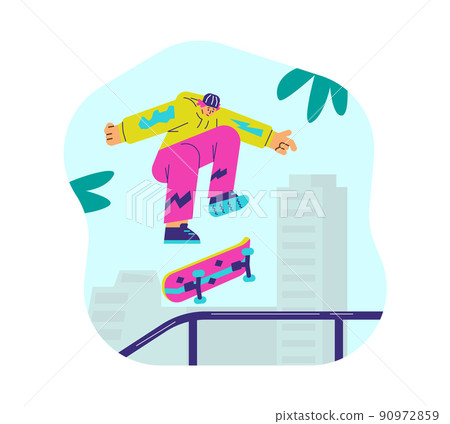 Man making tricks or stunts on skateboard in the city, flat vector illustration isolated on white background. Man making tricks or stunts on skateboard in the city, flat vector illustration isolated on white background. 90972859
