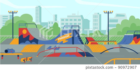 Empty skateboarding area for extreme sports, flat vector illustration. Empty skateboarding area for extreme sports, flat vector illustration. 90972907