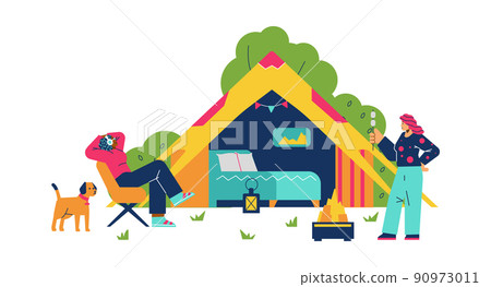 Comfortable glamping facilities with tourists, flat vector illustration isolated. Comfortable glamping facilities with tourists, flat vector illustration isolated. 90973011