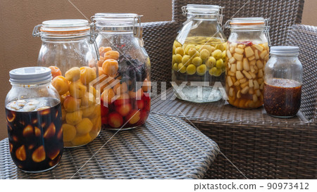 Umeboshi pickled in a fruit liquor bottle, plum wine, garlic pickled in soy sauce, scallions pickled in sweet and sour sauce 1 90973412