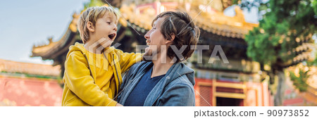 Enjoying vacation in China. Dad and son in Forbidden City. Travel to China with kids concept. Visa free transit 72 hours, 144 hours in China BANNER, LONG FORMAT 90973852