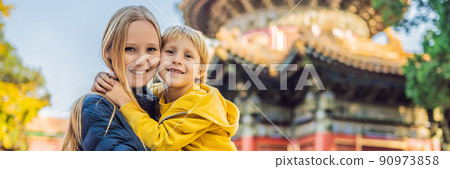 Enjoying vacation in China. Mom and son in Forbidden City. Travel to China with kids concept. Visa free transit 72 hours, 144 hours in China BANNER, LONG FORMAT 90973858