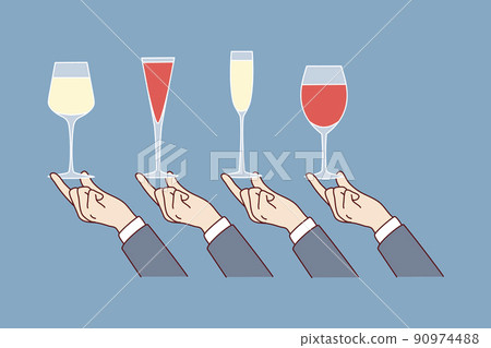 Hands holding diverse glasses with drinks Hands holding diverse glasses with drinks 90974488