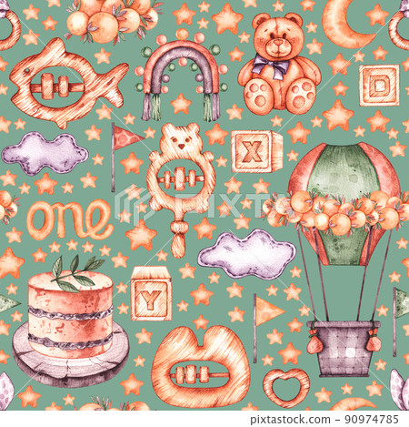 Watercolor kids pattern with wooden toys, boho rainbows, teddy bears, sweets Watercolor kids pattern with wooden toys, boho rainbows, teddy bears, sweets 90974785