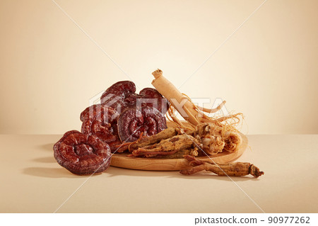 Front view of lingzhi mushroom and ginseng in white background Front view of lingzhi mushroom and ginseng in white background 90977262