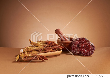 Front view of lingzhi mushroom and ginseng in white background 90977269