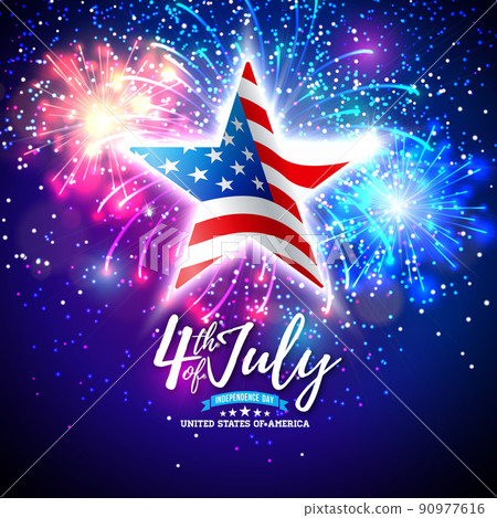 Fourth of July Independence Day Sale Banner Design with Flag Pattern Star Symbol on Fireworks Background. USA National 4th of July Holiday Vector Illustration for Banner, Greeting Card, Invitation or 90977616