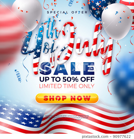 Fourth of July Independence Day Sale Banner Design with American Flag Pattern 3d Lettering and Party Balloon on Light Background. USA National Holiday Vector Illustration with Special Offer Typography 90977622