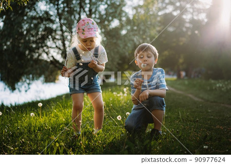 Cute little children blowing off dandelion seeds on sunset in park. Photo with backlight Cute little children blowing off dandelion seeds on sunset in park. Photo with backlight 90977624