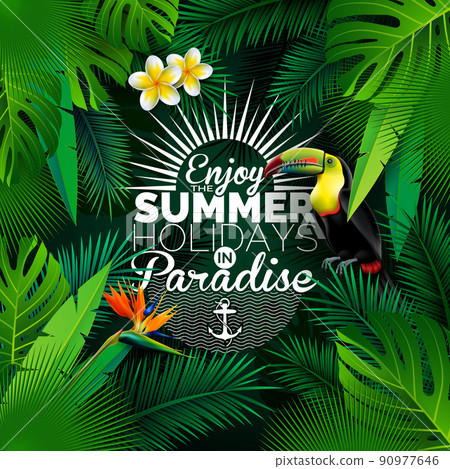 Tropical Summer Holiday Design with Toucan Bird and Parrot Flower on Exotic Palm Leaves Background. Vector Typography Illustration for Banner, Flyer, Invitation, Brochure, Poster or Greeting Card. 90977646