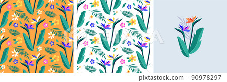 Feminine fashion concept illustration, seamless pattern and flower bouquet of exotic birds of Feminine fashion concept illustration, seamless pattern and flower bouquet of exotic birds of 90978297