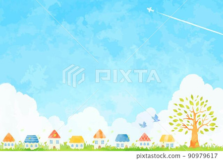 手繪藍天、樹木和城市景觀圖 90979617