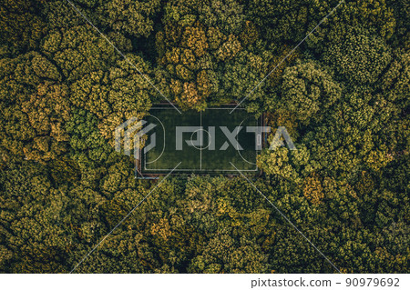 Top view of a soccer field in the forest, tall trees around the stadium Top view of a soccer field in the forest, tall trees around the stadium 90979692