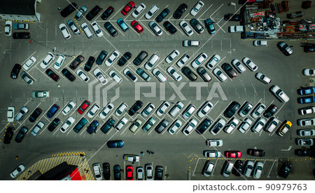 Top down view from drone on parking lot with many cars 90979763
