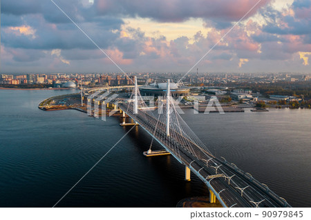 Aerial view of the Gulf of Finland, Saint-Petersburg, Russia, with a stadium, western rapid diameter and cable-stayed bridge Aerial view of the Gulf of Finland, Saint-Petersburg, Russia, with a stadium, western rapid diameter and cable-stayed bridge 90979845