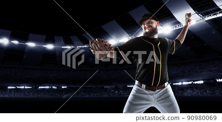 Sport collage with professional baseball player with baseball glove and ball in action during match in crowded sport stadium at evening time. 90980069
