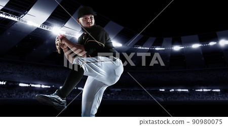 Sport collage with professional baseball player with baseball glove and ball in action during match in crowded sport stadium at evening time. 90980075