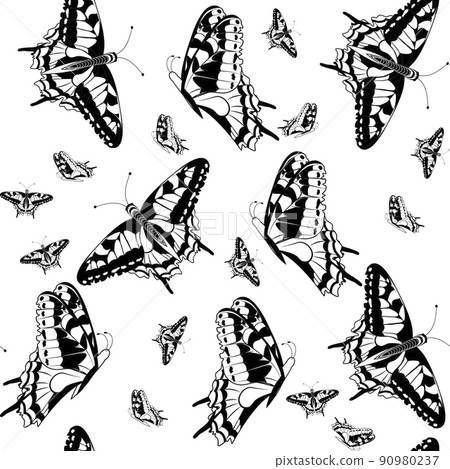 Seamless pattern of flying butterflies black and white colors Monochrome background of fluttering silhouettes 90980237