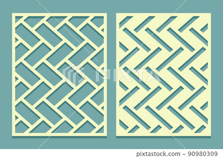 Stencil with herringbone pattern. Laser cutting template for drawing, plaster and painting walls or floors. Set of cliche direct and inverse patterns. 90980309