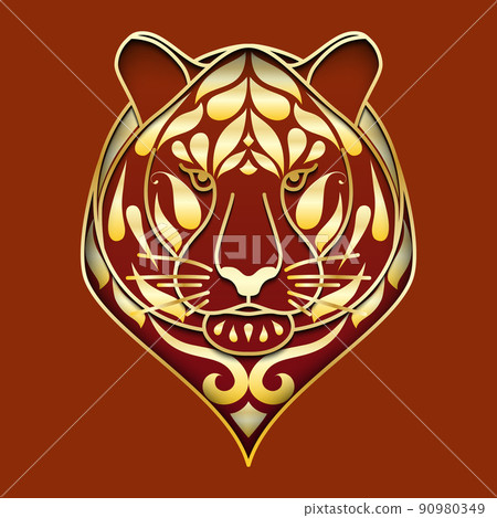 Tiger head. Patterned face of tiger on red background. Oriental design pattern. It may be used for design of a tshirt, bag, postcard, a poster and so on. 90980349