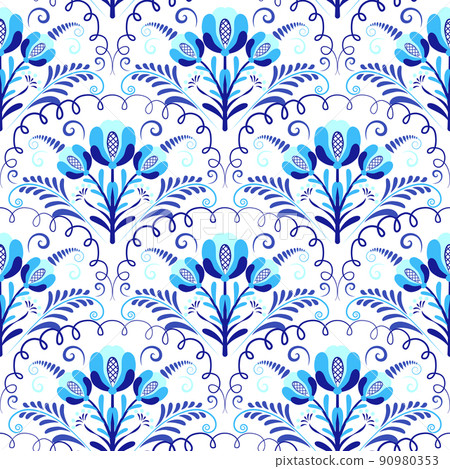 Blue floral seamless pattern. Ornament of branches with flowers and curls. Background leaves in style of ethnic blue cobalt painting on porcelain. Print for fabrics and wallpaper 90980353