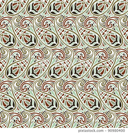 Paisley Pattern. Seamless expressive Asian Textile Background. Indonesian batik print. Showy fabric indian motif. Paisley wallpaper Boho ornament with paisley and stylized flowers. 90980400
