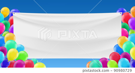 White flag banner next to colorful balloons White flag banner next to colorful balloons 90980729