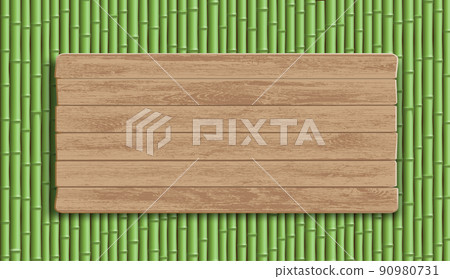 Wooden plate on a bamboo fence. Background for text. Wooden plate on a bamboo fence. Background for text. 90980731