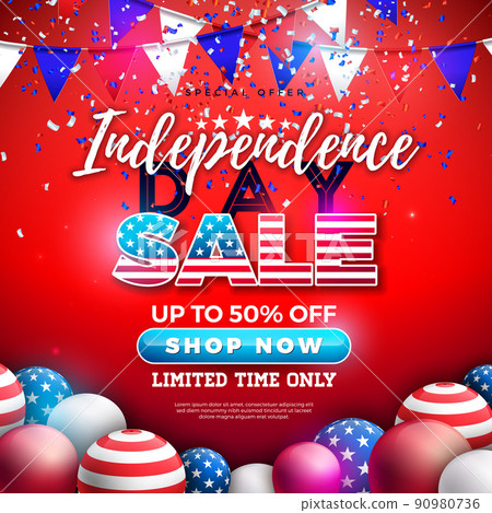 Fourth of July Independence Day Sale Banner Design with American Flag Pattern Party Balloon and Falling Confetti on Blue Background. USA National Holiday Vector Illustration with Special Offer for Fourth of July Independence Day Sale Banner Design with American Flag Pattern Party Balloon and Falling Confetti on Blue Background. USA National Holiday Vector Illustration with Special Offer for 90980736