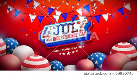 4th of July Independence Day of the USA Vector Illustration with American Flag and Party Balloon and 3d Lettering on Red Background. Fourth of July National Celebration Design for Banner, Greeting 90980743