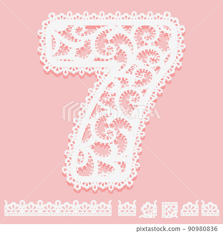 Digit 7 written of white lace isolated on pink background. Pattern brush with corner and end elements and number seven Border for frame. Lacy item for design card or invitation 90980836