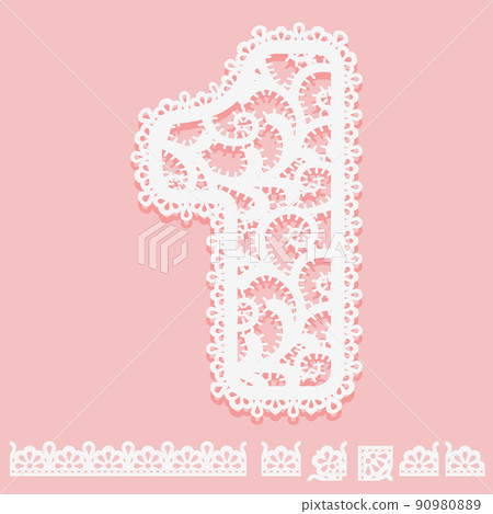 Digit 1 written of white lace isolated on pink background Lacy font and pattern brush with corner and end elements border for label Pretty lace item for design gift card or invitation Digit 1 written of white lace isolated on pink background Lacy font and pattern brush with corner and end elements border for label Pretty lace item for design gift card or invitation 90980889