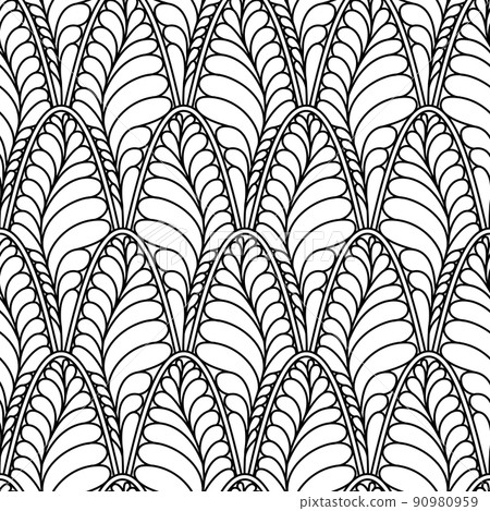 Doodle style pattern with leaves. Seamless black and white Ornament Inspired by the Zentangle. Abstract texture background Coloring book page. 90980959