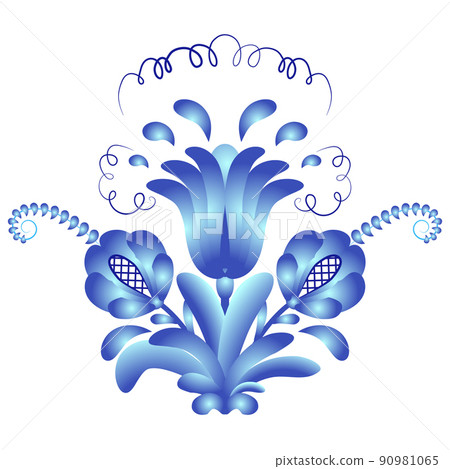 Blue bouquet of flowers. Element of pattern in the style of ethnic national cobalt painting on porcelain. Floral item with leaves and curls for ornament design Blue bouquet of flowers. Element of pattern in the style of ethnic national cobalt painting on porcelain. Floral item with leaves and curls for ornament design 90981065