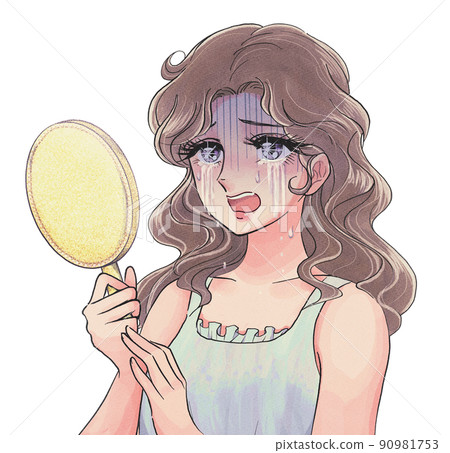 昭和 50 年代少女漫畫風格的鏡子，看到鏡子就哭的美少女。 90981753