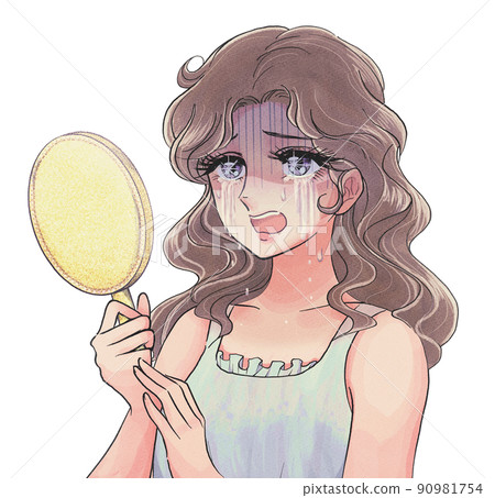 A woman crying at the sunburn marks of a girl's cartoon style mask in the 50's of the Showa era 90981754