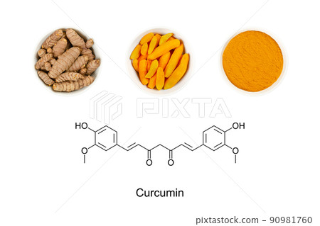 Turmeric and the chemical formula of curcumin. Skeletal structure of the keto form of the yellow chemical and principal curcuminoid of turmeric, Curcuma longa. E100, dietary supplement and food color. 90981760