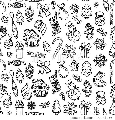 seamless pattern of linear Xmas icons on white background 90981936