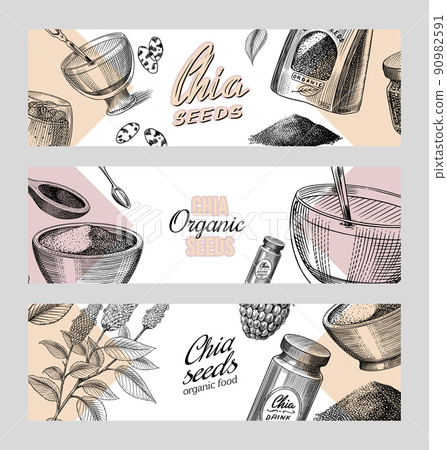 Chia plant and seeds card. Salvia hispanica. Poster or banner. Spice packaging, wooden spoon. A 90982591