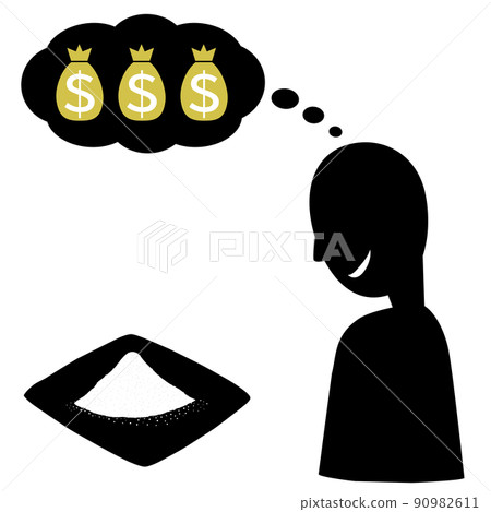 An illustration of a meds seller grinning while looking at a stimulant and imagining getting a lot of money. 90982611