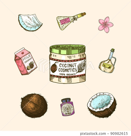Coconut and palm leaf, Milk packaging, glass bottle, butter, cosmetic cream jar, cocktail with 90982615