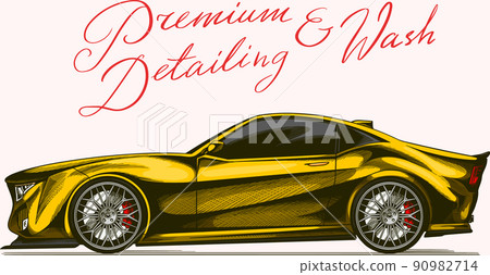 Yellow car. Auto detailing. Dry cleaning motor. Emblem or logo for Vehicle service or Automobile 90982714