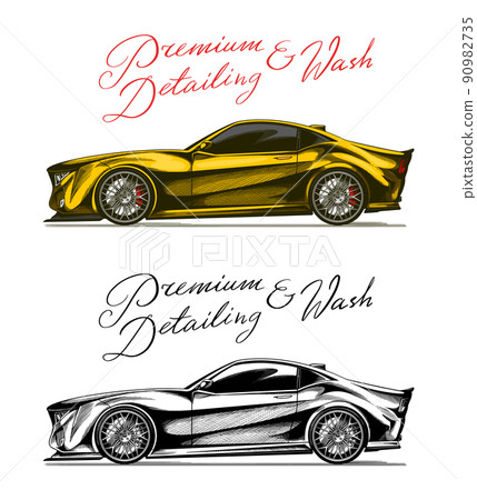 Yellow car. Auto detailing. Dry cleaning motor. Emblem or logo for Vehicle service or Automobile Yellow car. Auto detailing. Dry cleaning motor. Emblem or logo for Vehicle service or Automobile 90982735