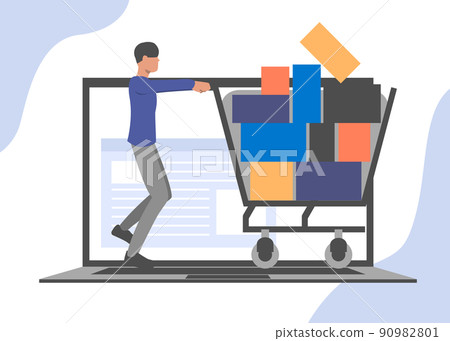 A man doing internet shopping pushing an illustration of a pile of boxes in a shopping cart 90982801